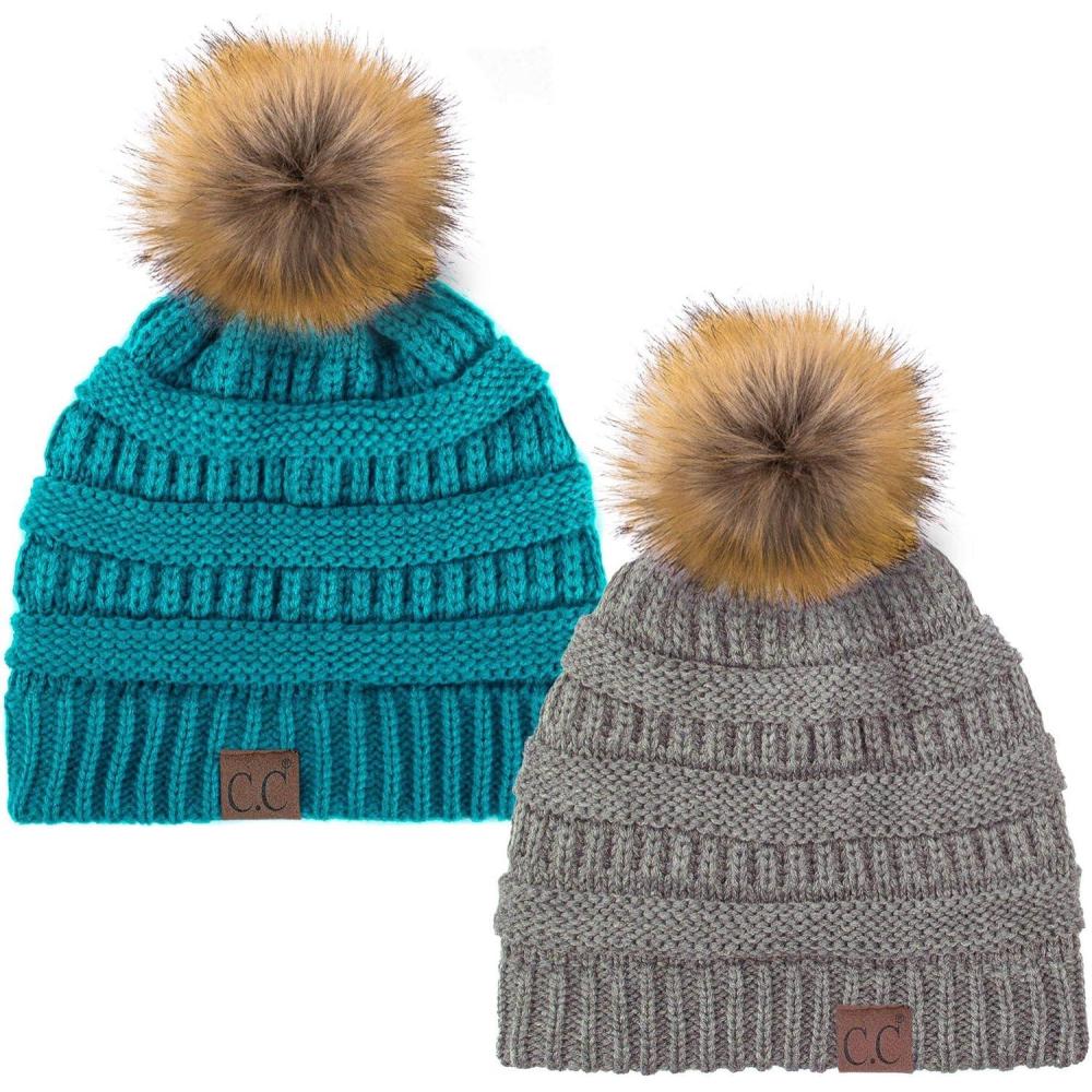 imageCC Hat43 Thick Warm Cap Hat Skully Faux Fur Pom Pom Cable Knit Beanie 2 PackLt MelangeTeal