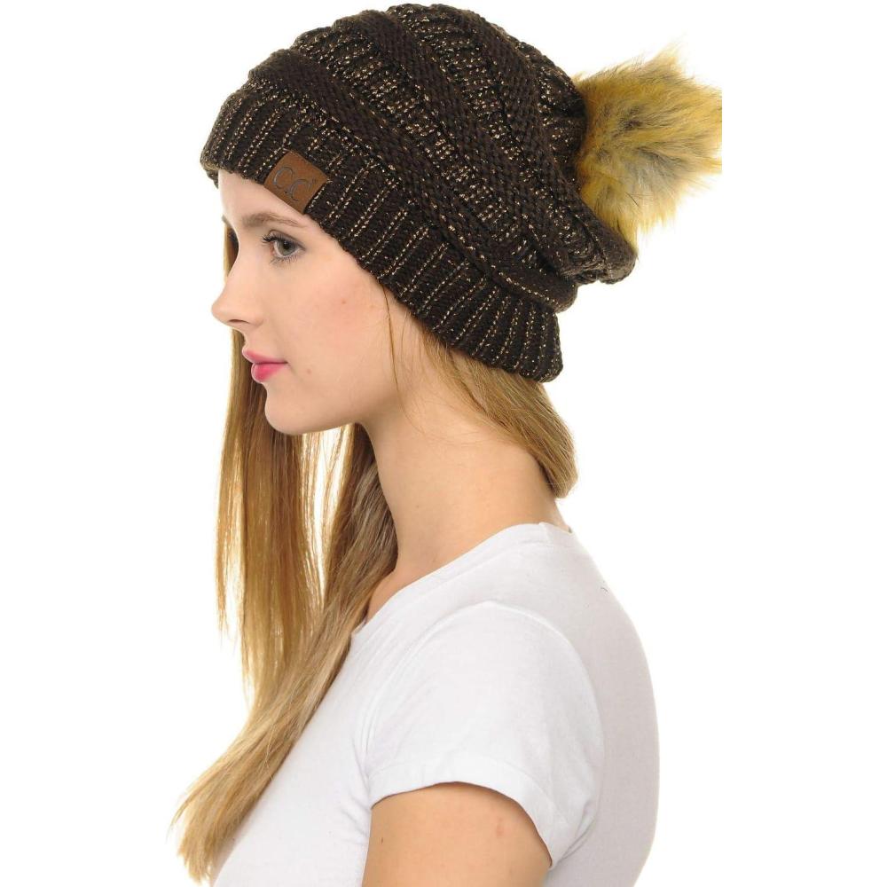 imageCC Hat43 Thick Warm Cap Hat Skully Faux Fur Pom Pom Cable Knit Beanie 2 PackMetallic Brown