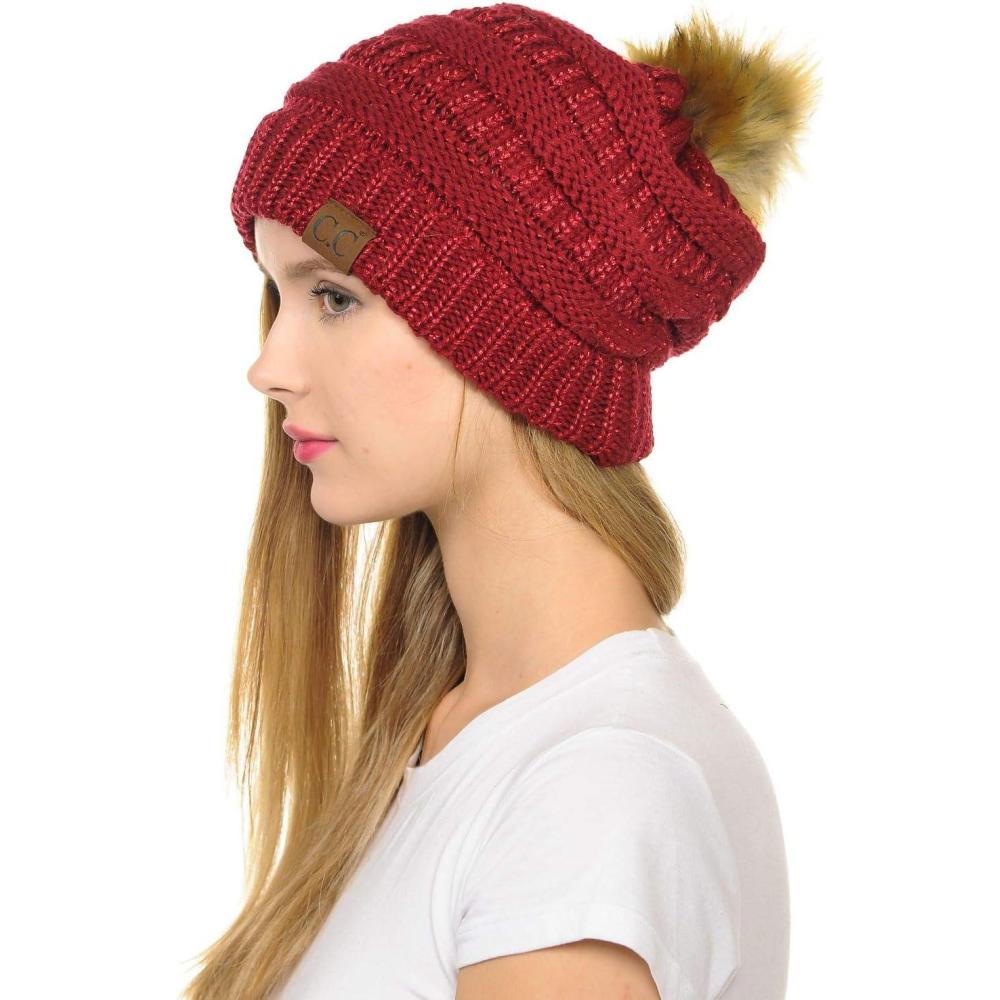 imageCC Hat43 Thick Warm Cap Hat Skully Faux Fur Pom Pom Cable Knit Beanie 2 PackMetallic Burgundy