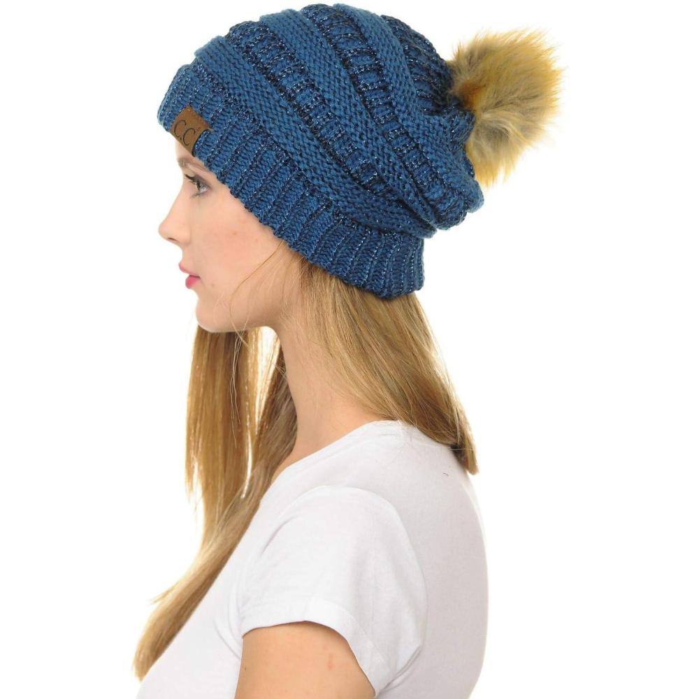 imageCC Hat43 Thick Warm Cap Hat Skully Faux Fur Pom Pom Cable Knit Beanie 2 PackMetallic Dark Denim
