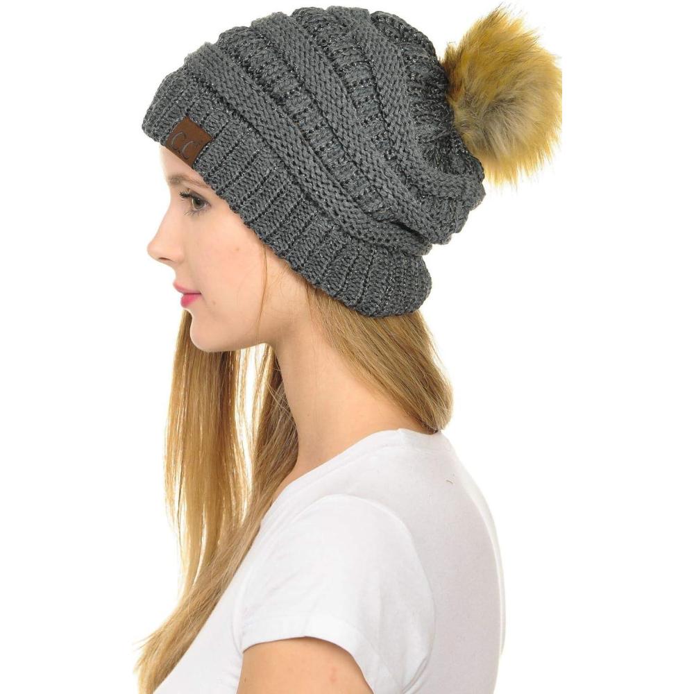 imageCC Hat43 Thick Warm Cap Hat Skully Faux Fur Pom Pom Cable Knit Beanie 2 PackMetallic Dark Melange