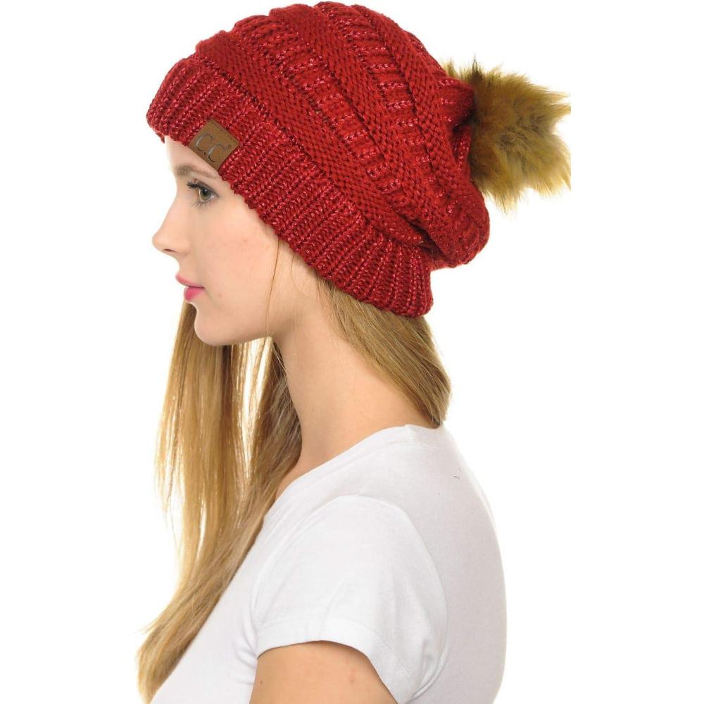 imageCC Hat43 Thick Warm Cap Hat Skully Faux Fur Pom Pom Cable Knit Beanie 2 PackMetallic Red