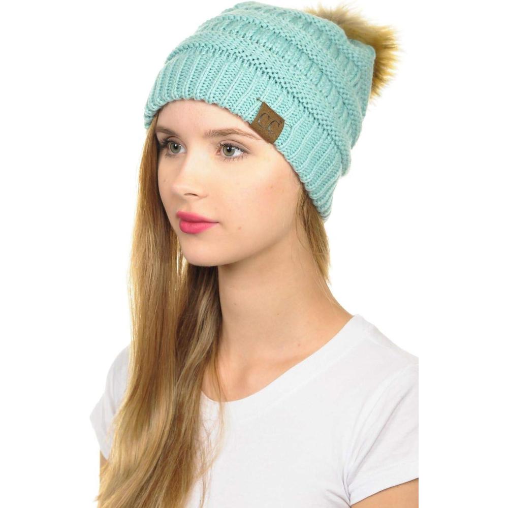 imageCC Hat43 Thick Warm Cap Hat Skully Faux Fur Pom Pom Cable Knit Beanie 2 PackMint