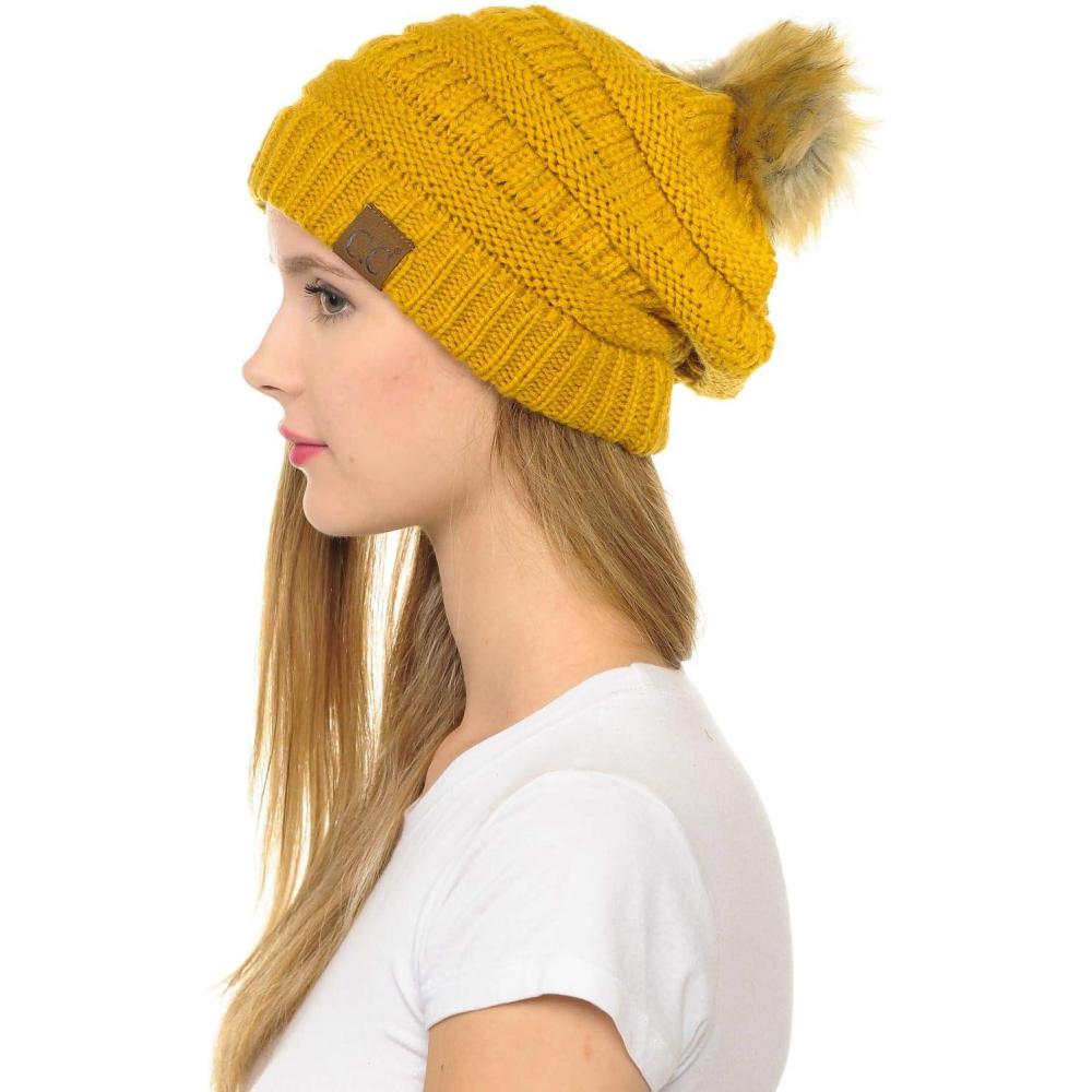 imageCC Hat43 Thick Warm Cap Hat Skully Faux Fur Pom Pom Cable Knit Beanie 2 PackMustard