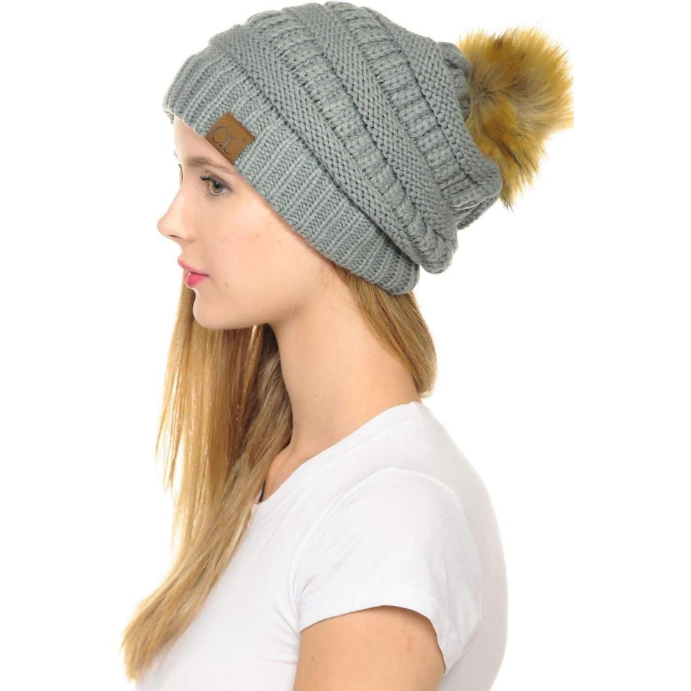imageCC Hat43 Thick Warm Cap Hat Skully Faux Fur Pom Pom Cable Knit Beanie 2 PackNatural Grey