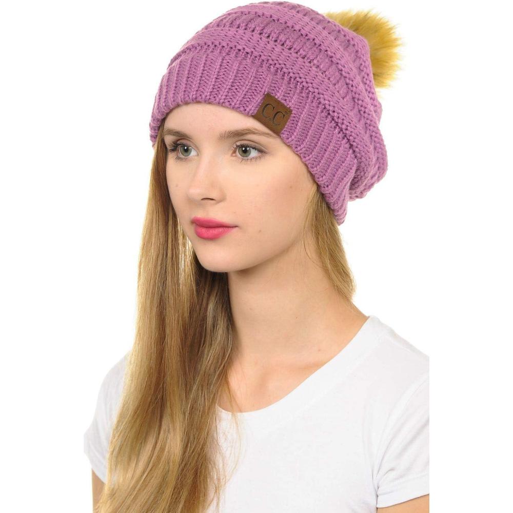 imageCC Hat43 Thick Warm Cap Hat Skully Faux Fur Pom Pom Cable Knit Beanie 2 PackNew Lavender
