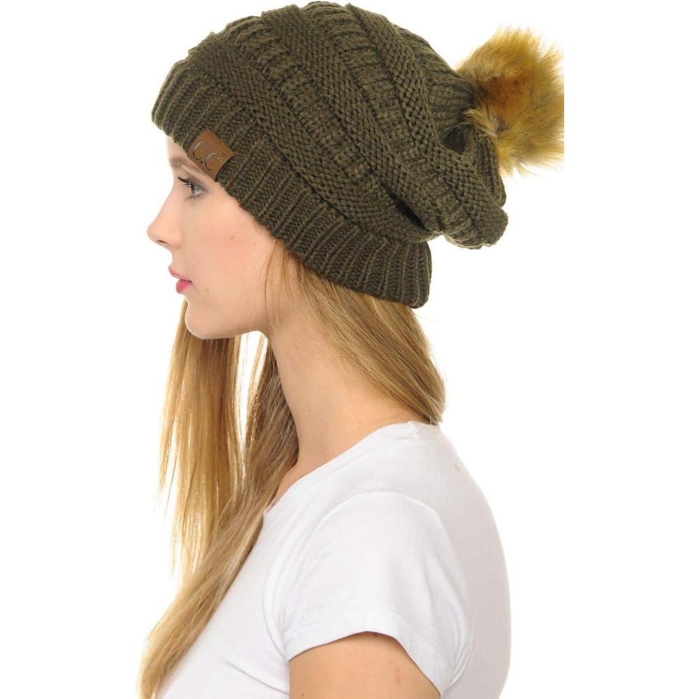 imageCC Hat43 Thick Warm Cap Hat Skully Faux Fur Pom Pom Cable Knit Beanie 2 PackNew Olive