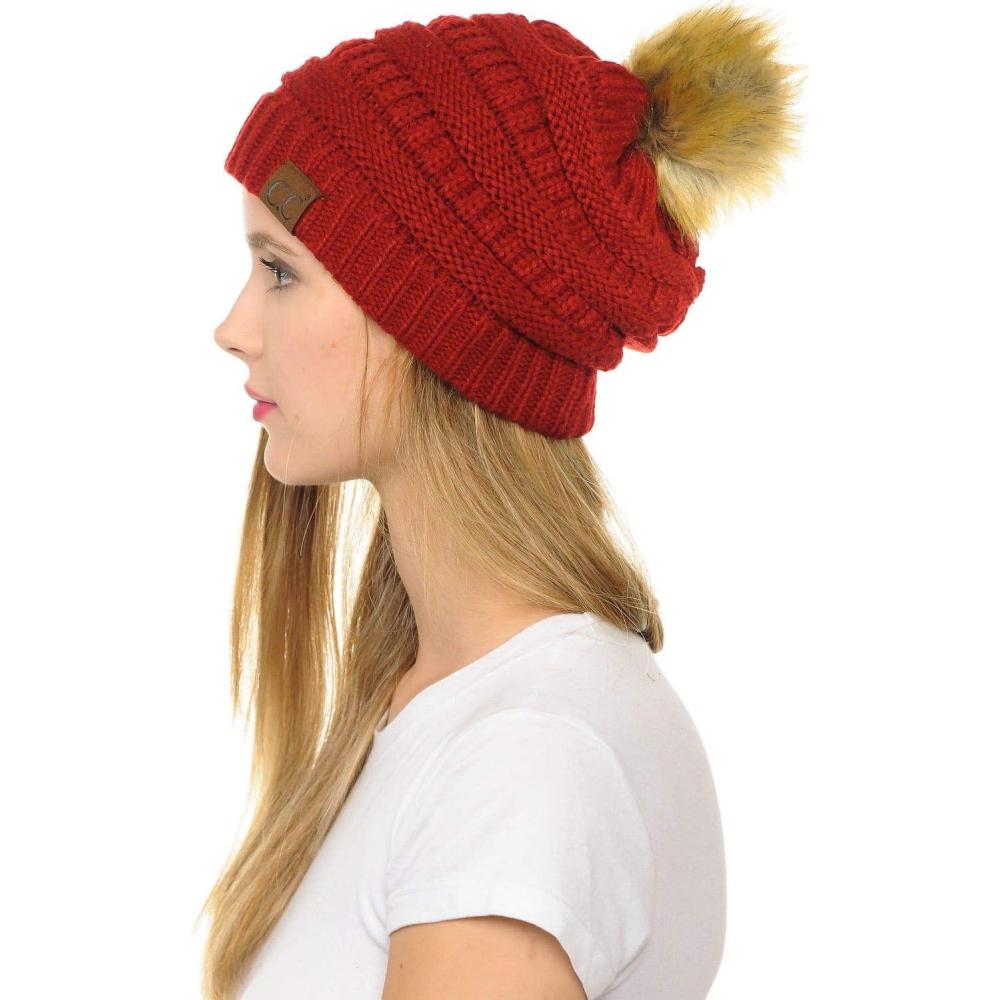 imageCC Hat43 Thick Warm Cap Hat Skully Faux Fur Pom Pom Cable Knit Beanie 2 PackRed