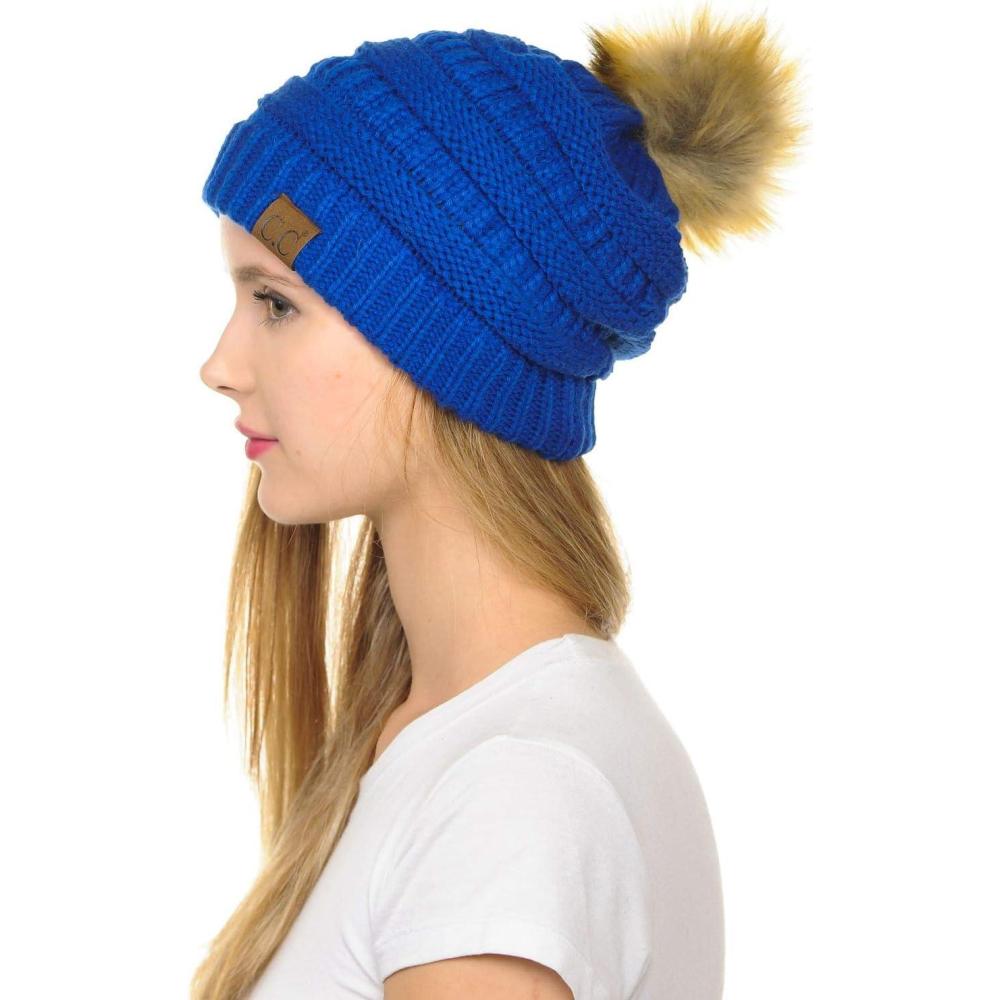 imageCC Hat43 Thick Warm Cap Hat Skully Faux Fur Pom Pom Cable Knit Beanie 2 PackRoyal