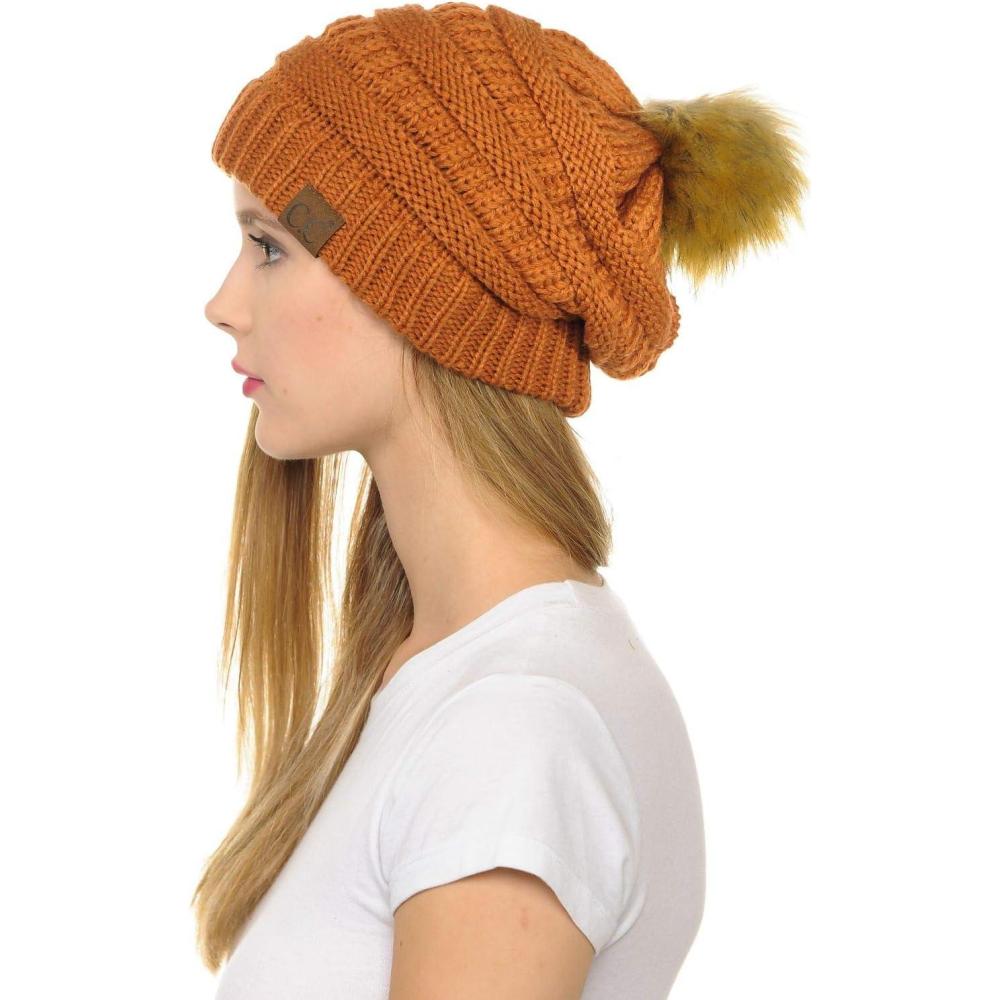 imageCC Hat43 Thick Warm Cap Hat Skully Faux Fur Pom Pom Cable Knit Beanie 2 PackRust