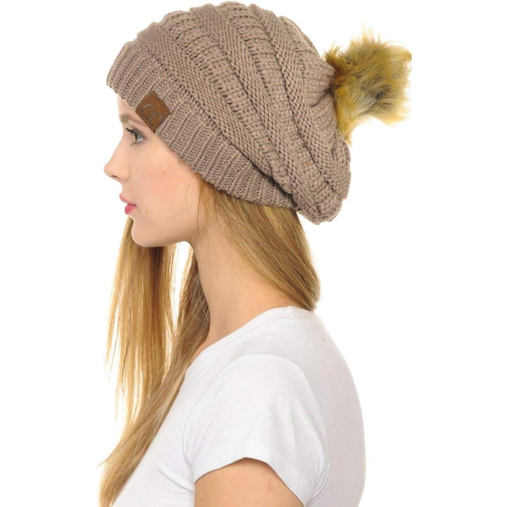 imageCC Hat43 Thick Warm Cap Hat Skully Faux Fur Pom Pom Cable Knit Beanie 2 PackTaupe