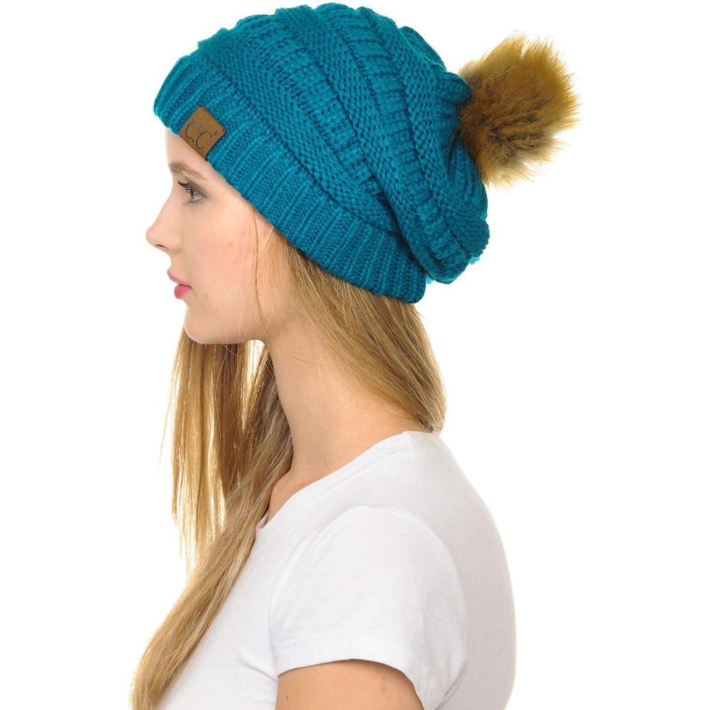 imageCC Hat43 Thick Warm Cap Hat Skully Faux Fur Pom Pom Cable Knit Beanie 2 PackTeal