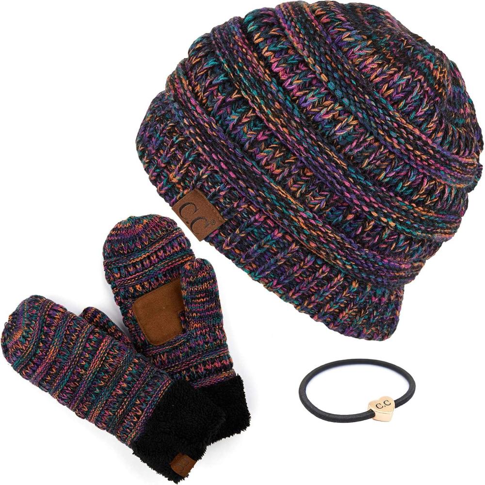 imageCC Hatsandscarf CC Exclusives Solid Color Beanie Tail Hat0 Gift Setblack Multimitten