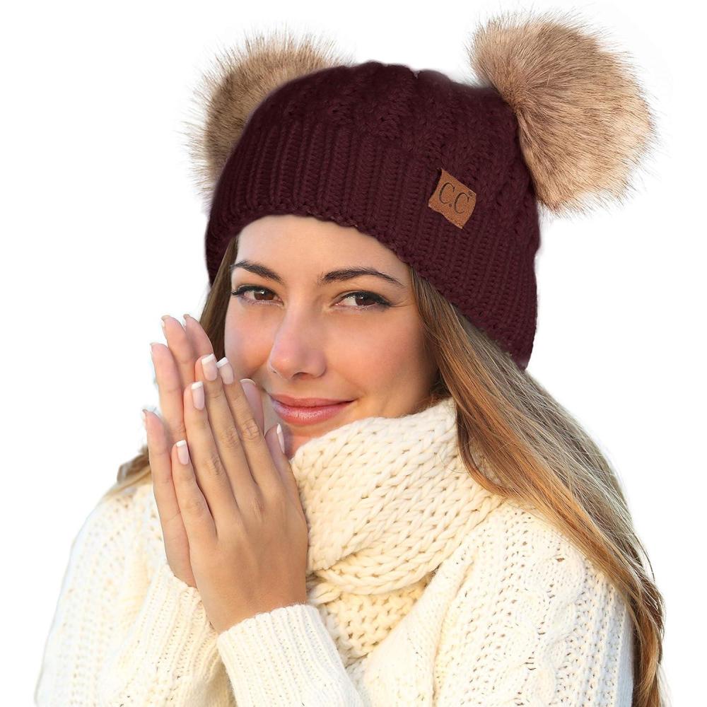imageCC Hatsandscarf Exclusives Cable Knit Double Pom Winter Beanie HAT2055HAT23Berrynatural Pom