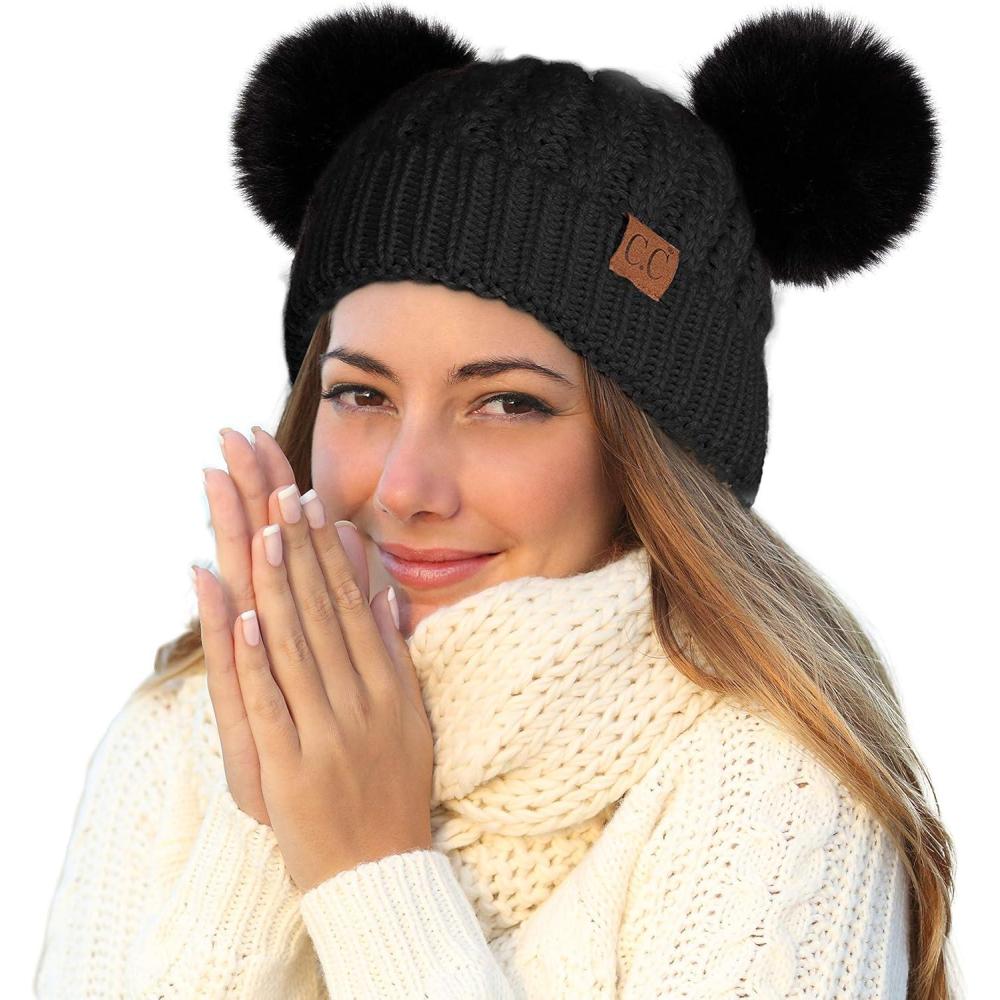 imageCC Hatsandscarf Exclusives Cable Knit Double Pom Winter Beanie HAT2055HAT23Blackcolor Natural Pom