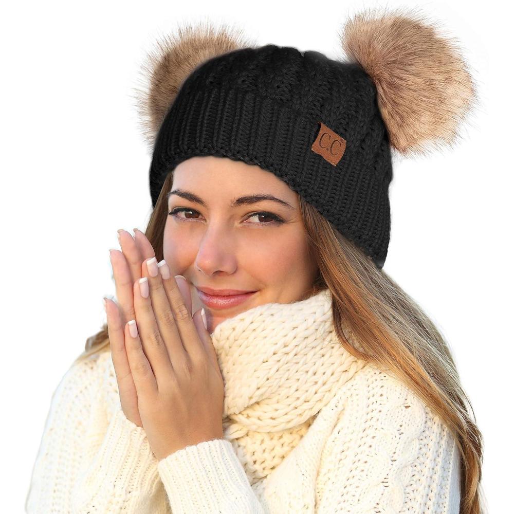 imageCC Hatsandscarf Exclusives Cable Knit Double Pom Winter Beanie HAT2055HAT23Blacknatural Pom