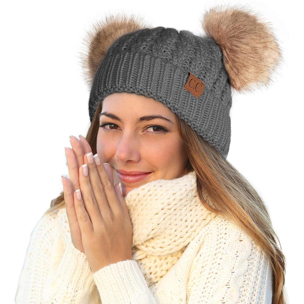 imageCC Hatsandscarf Exclusives Cable Knit Double Pom Winter Beanie HAT2055HAT23Dk Mel Greynatural Pom