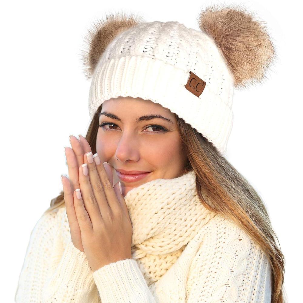 imageCC Hatsandscarf Exclusives Cable Knit Double Pom Winter Beanie HAT2055HAT23Ivorynatural Pom