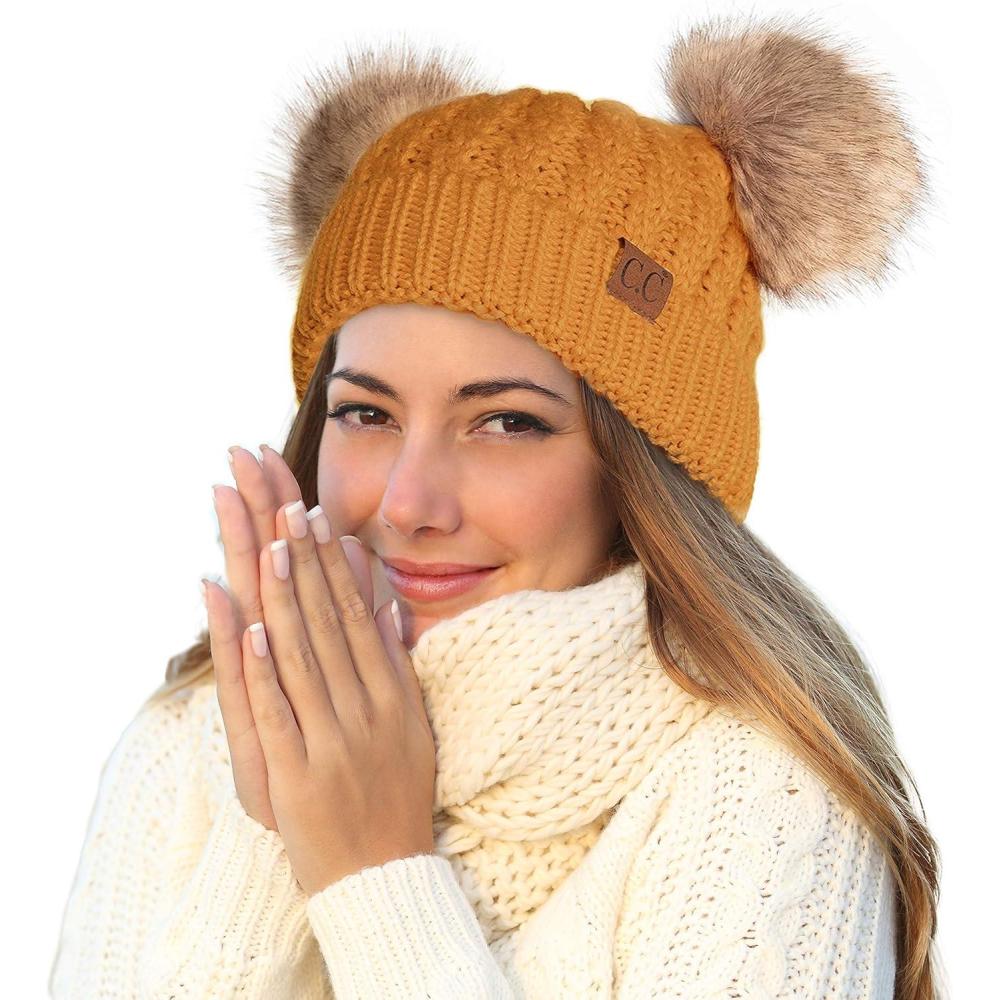 imageCC Hatsandscarf Exclusives Cable Knit Double Pom Winter Beanie HAT2055HAT23Mustardnatural Pom