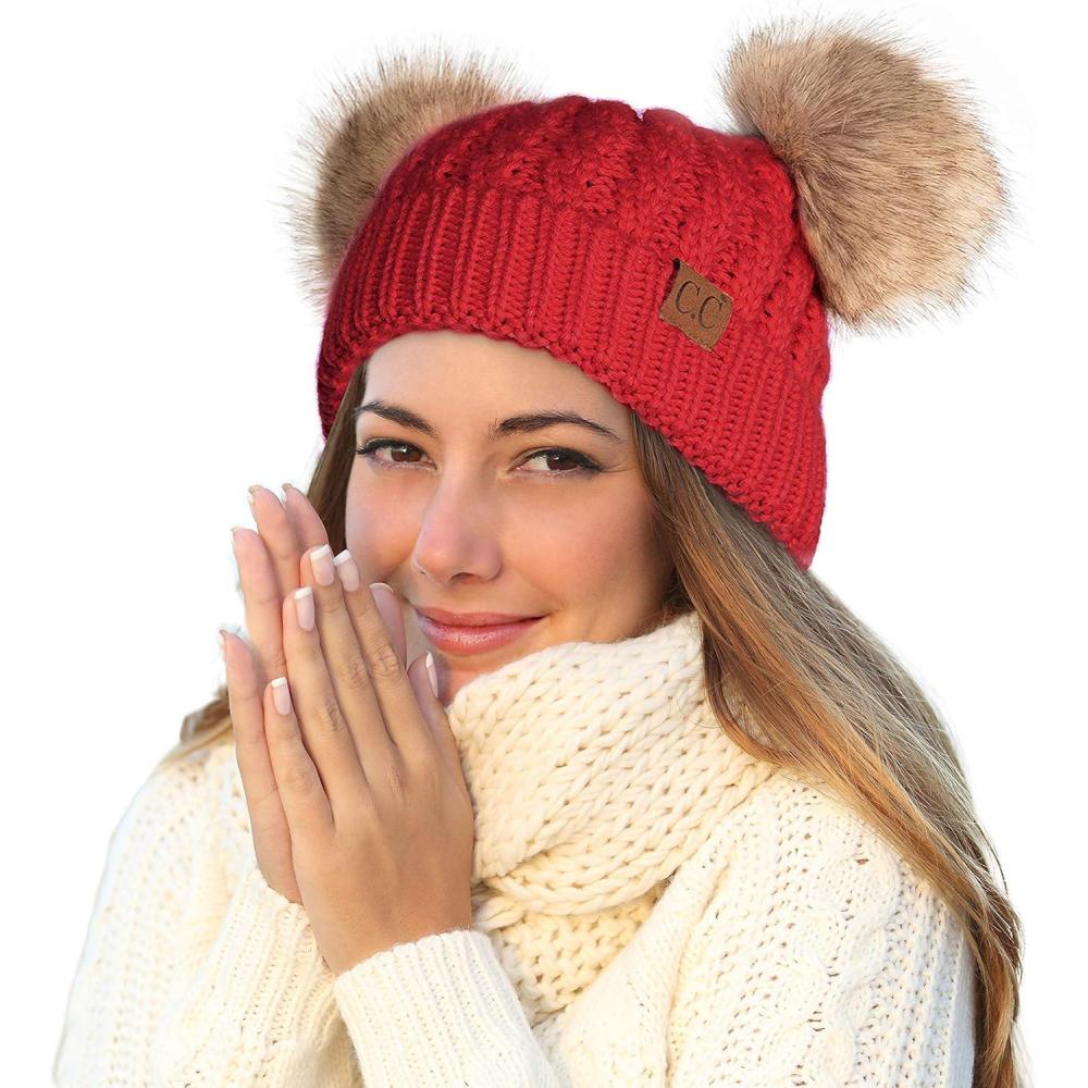 imageCC Hatsandscarf Exclusives Cable Knit Double Pom Winter Beanie HAT2055HAT23Rednatural Pom