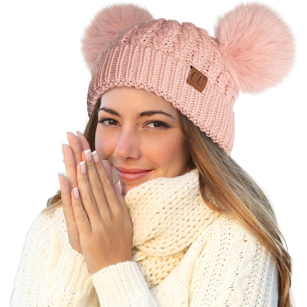 imageCC Hatsandscarf Exclusives Cable Knit Double Pom Winter Beanie HAT2055HAT23Rosecolor Natural Pom