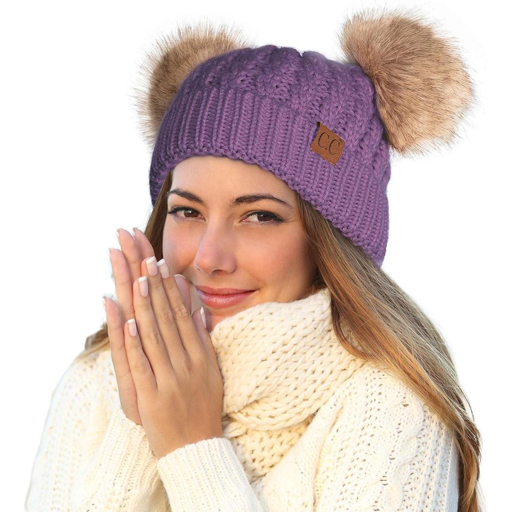 imageCC Hatsandscarf Exclusives Cable Knit Double Pom Winter Beanie HAT2055HAT23Violetnatural Pom