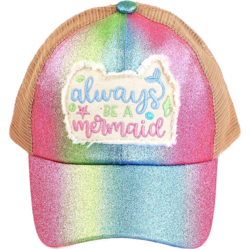 imageCC Kids 25 Ponytail Messy Buns Ponycaps Baseball Visor Cap HatCriss Cross Distressed Always Be a Mermaid Pink Multi
