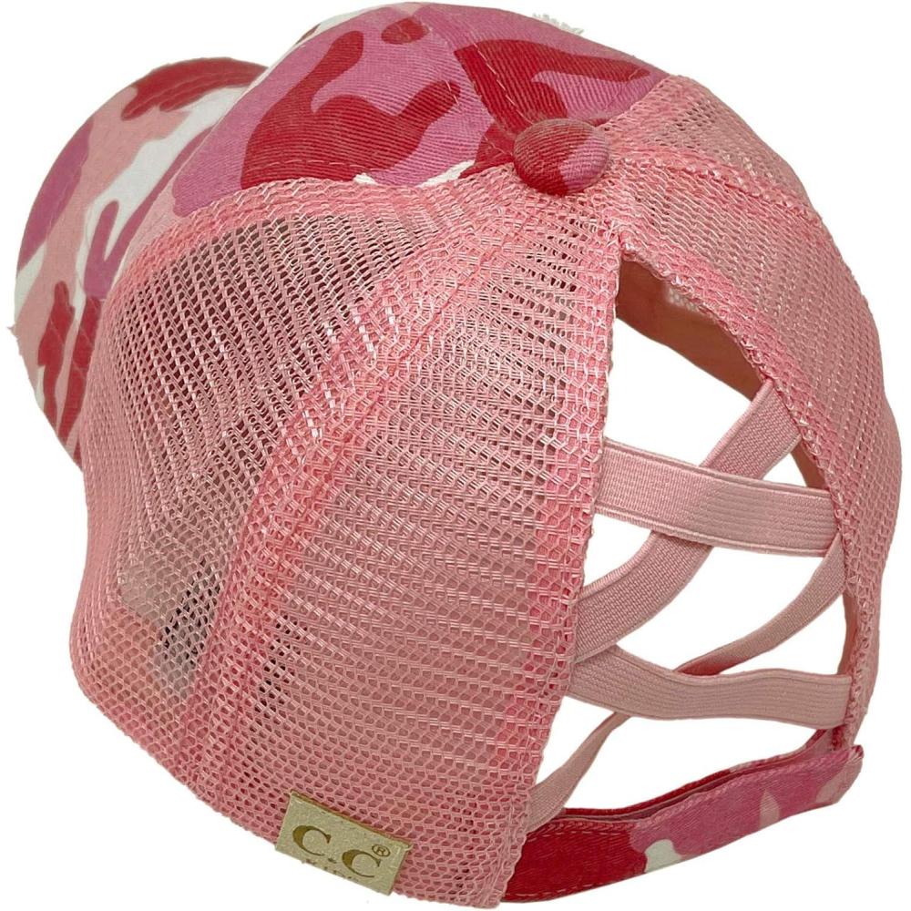 imageCC Kids 25 Ponytail Messy Buns Ponycaps Baseball Visor Cap HatCriss Cross Distressed Camo Pink