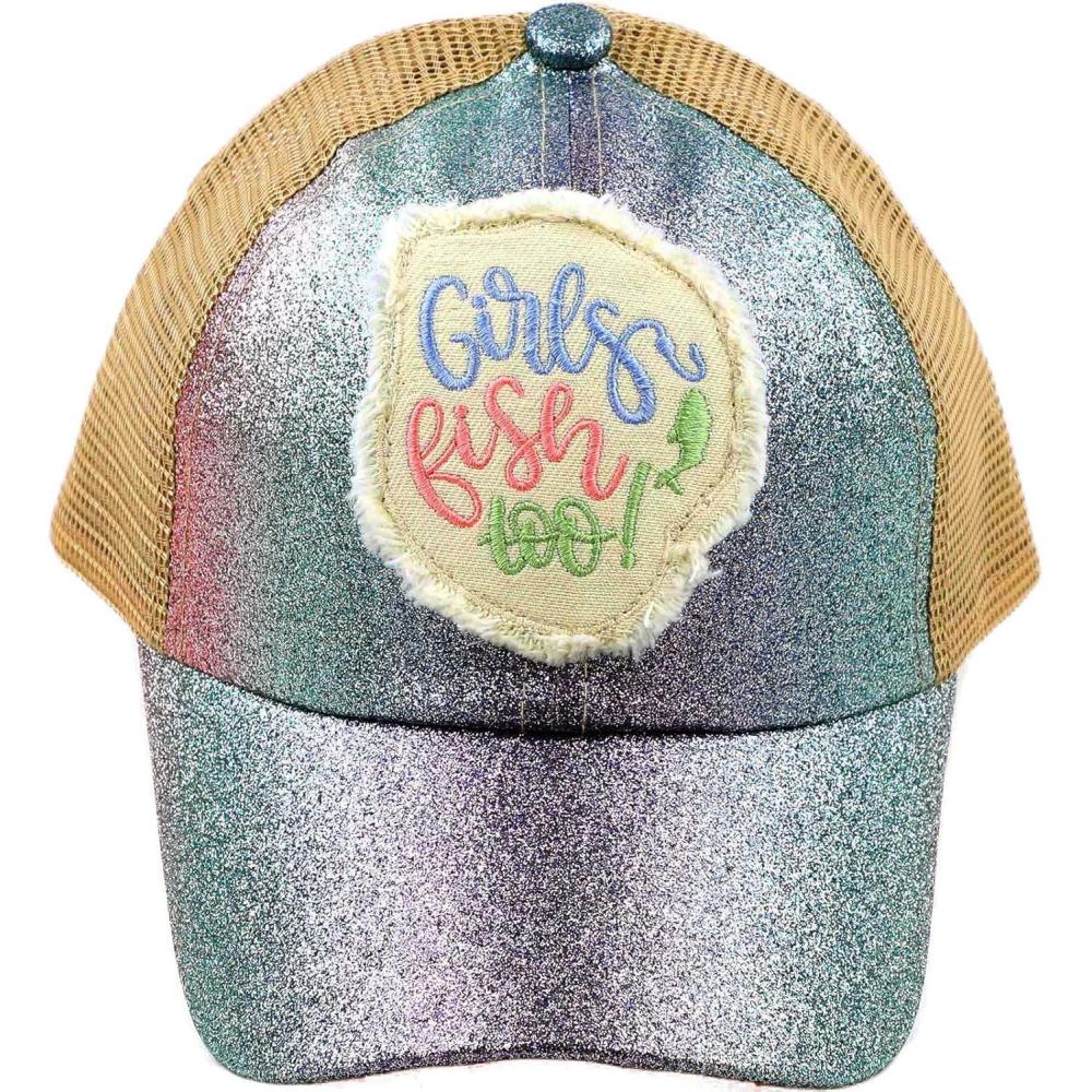 imageCC Kids 25 Ponytail Messy Buns Ponycaps Baseball Visor Cap HatCriss Cross Distressed Girls Fish Too Purple Multi
