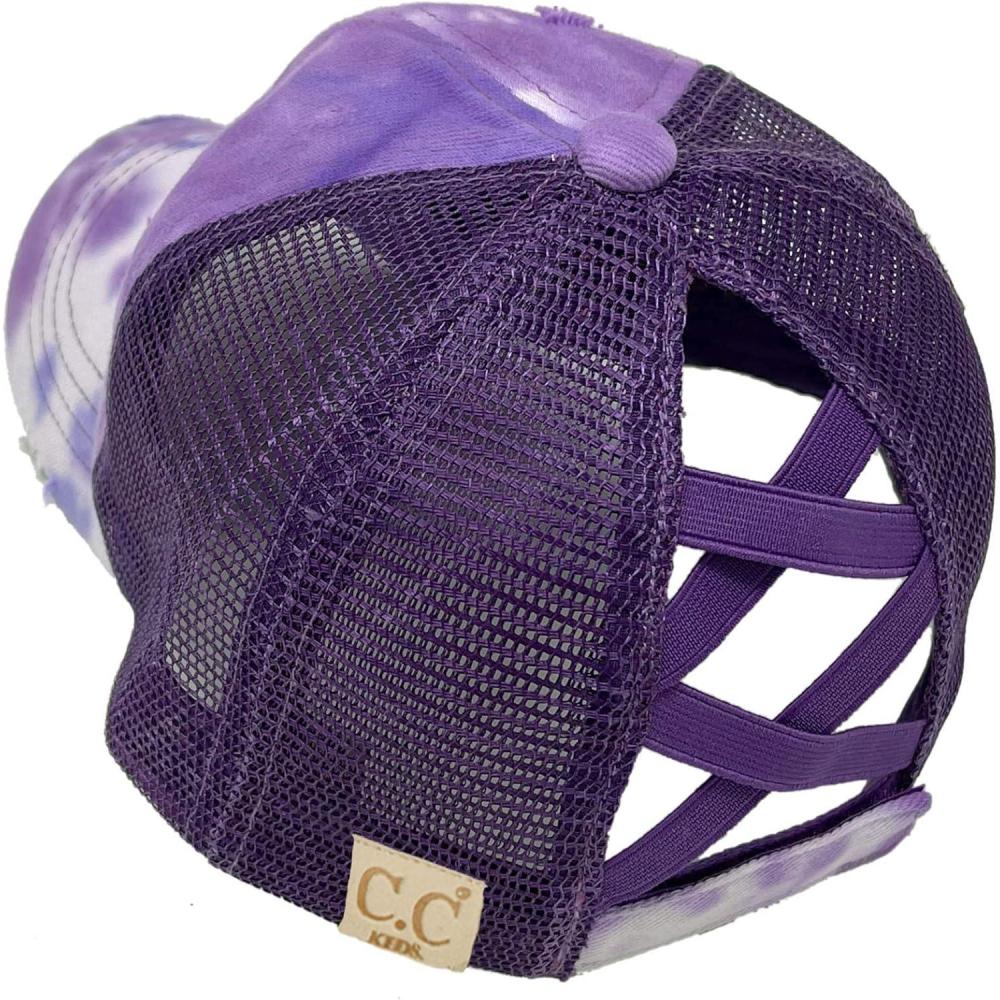 imageCC Kids 25 Ponytail Messy Buns Ponycaps Baseball Visor Cap HatCriss Cross Distressed Tie Dye Purple
