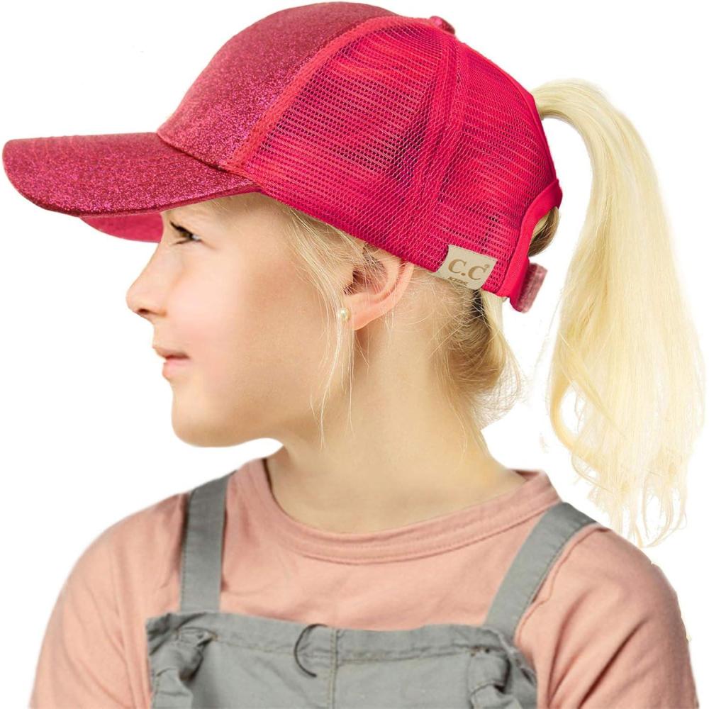 imageCC Kids 25 Ponytail Messy Buns Ponycaps Baseball Visor Cap HatGlitter Hot Pink