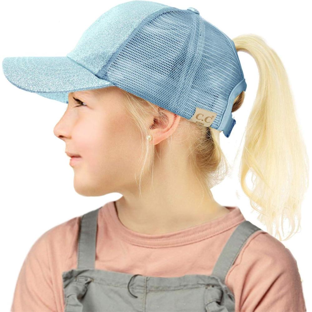 imageCC Kids 25 Ponytail Messy Buns Ponycaps Baseball Visor Cap HatGlitter Lt Blue