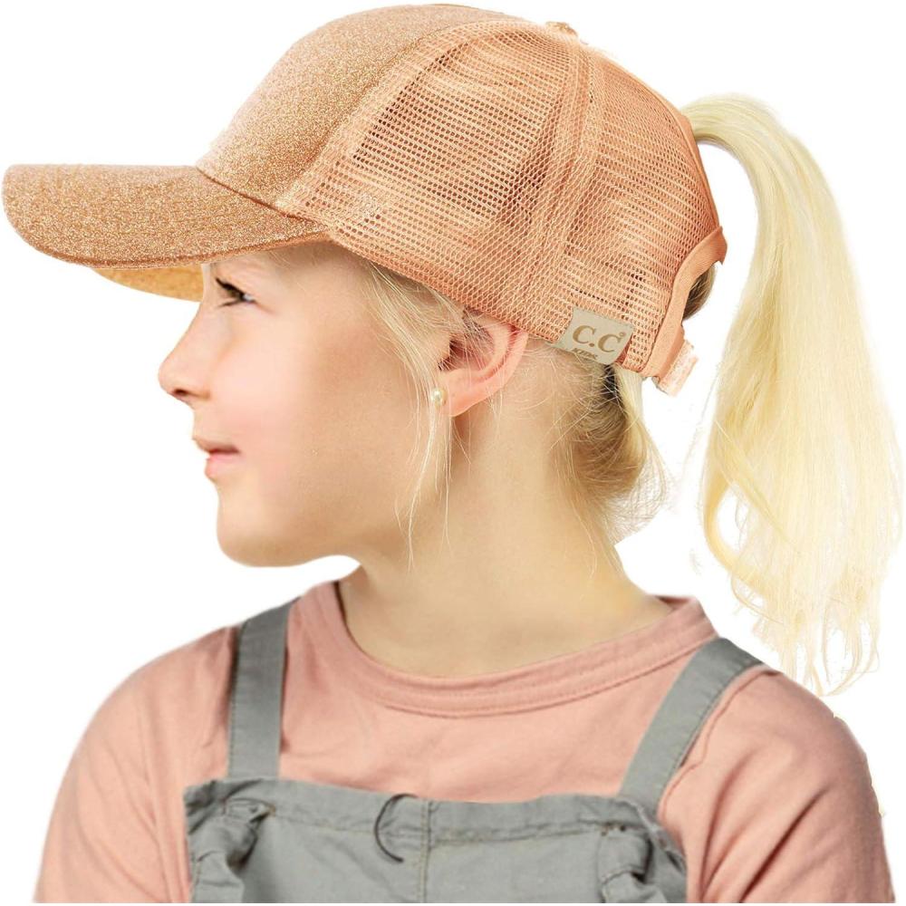 imageCC Kids 25 Ponytail Messy Buns Ponycaps Baseball Visor Cap HatGlitter Rose Gold