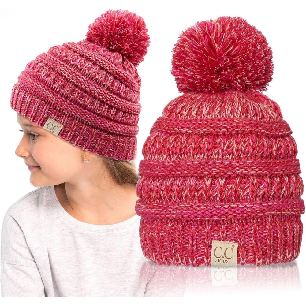imageCC Kids Beanie Ages 25 Warm Chunky Stretchy Knit Slouch Beanie Skull Kids Hat with Pom4 Tone  Hot Pink Mix