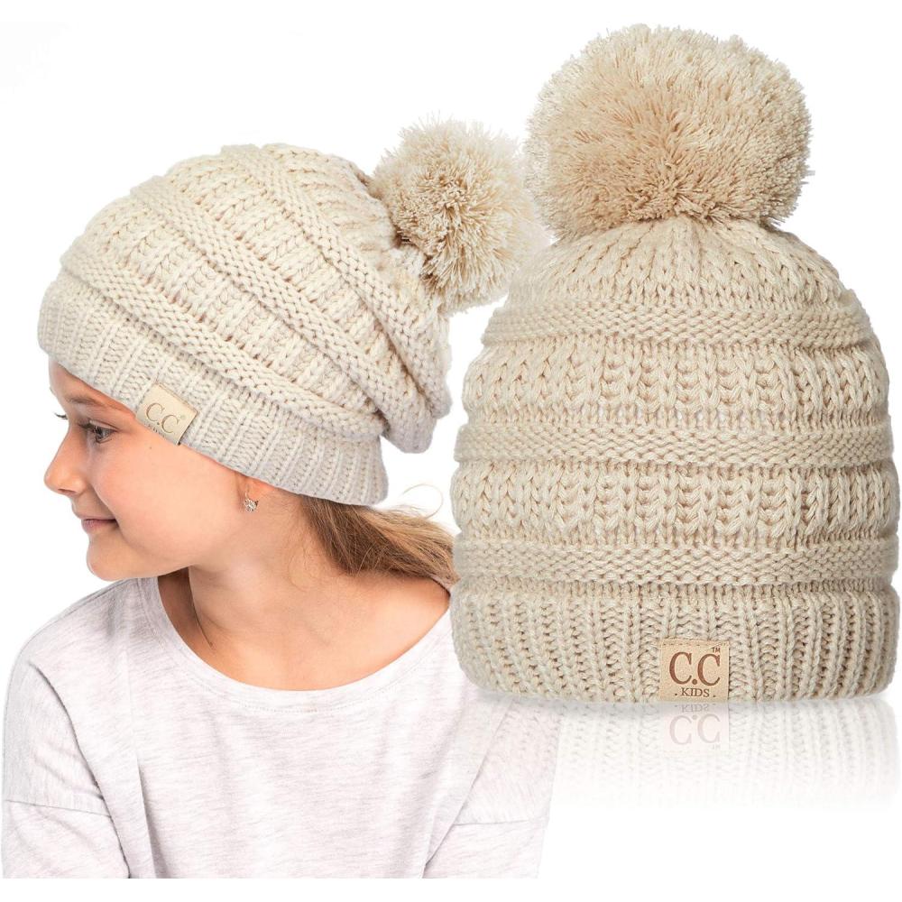 imageCC Kids Beanie Ages 25 Warm Chunky Stretchy Knit Slouch Beanie Skull Kids Hat with PomBeige