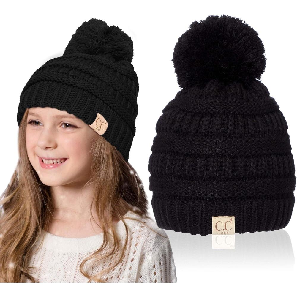 imageCC Kids Beanie Ages 25 Warm Chunky Stretchy Knit Slouch Beanie Skull Kids Hat with PomBlack