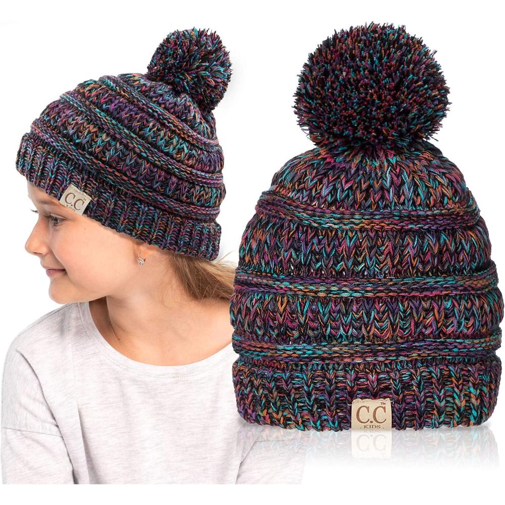imageCC Kids Beanie Ages 25 Warm Chunky Stretchy Knit Slouch Beanie Skull Kids Hat with PomBlackmulti Mix