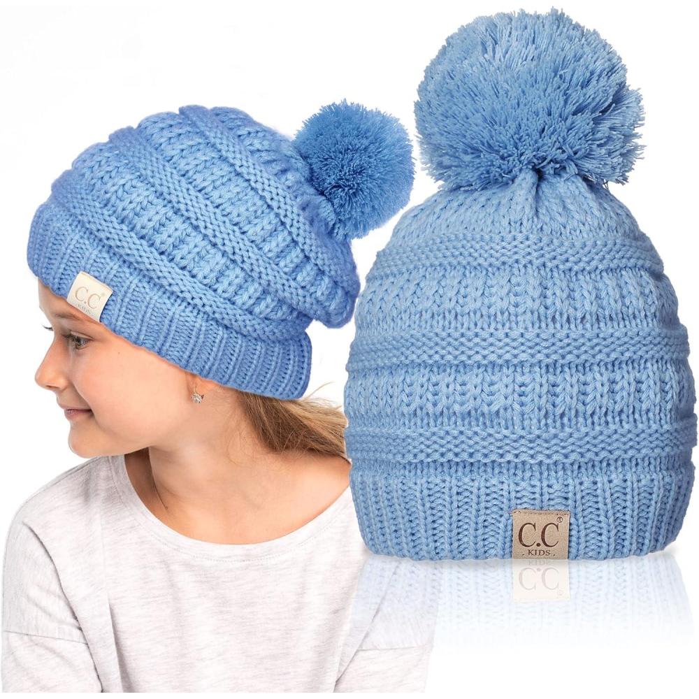 imageCC Kids Beanie Ages 25 Warm Chunky Stretchy Knit Slouch Beanie Skull Kids Hat with PomDenim