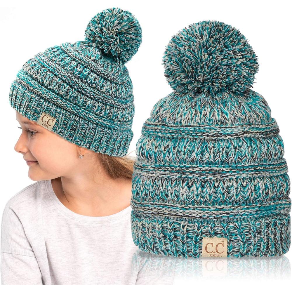 imageCC Kids Beanie Ages 25 Warm Chunky Stretchy Knit Slouch Beanie Skull Kids Hat with PomGreen Mix