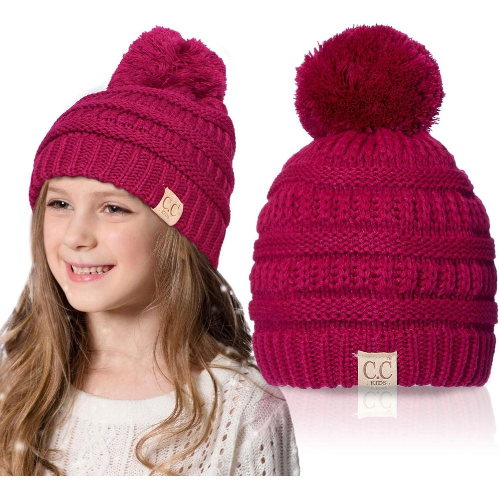 imageCC Kids Beanie Ages 25 Warm Chunky Stretchy Knit Slouch Beanie Skull Kids Hat with PomHot Pink