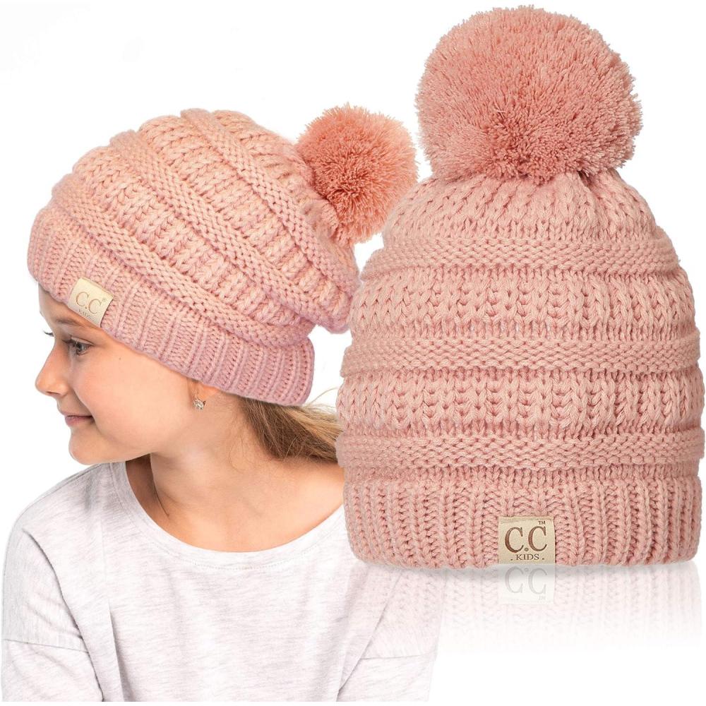imageCC Kids Beanie Ages 25 Warm Chunky Stretchy Knit Slouch Beanie Skull Kids Hat with PomIndi Pink