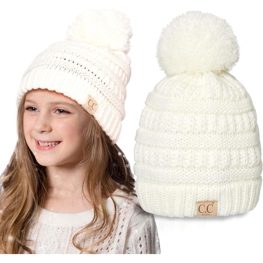 imageCC Kids Beanie Ages 25 Warm Chunky Stretchy Knit Slouch Beanie Skull Kids Hat with PomIvory