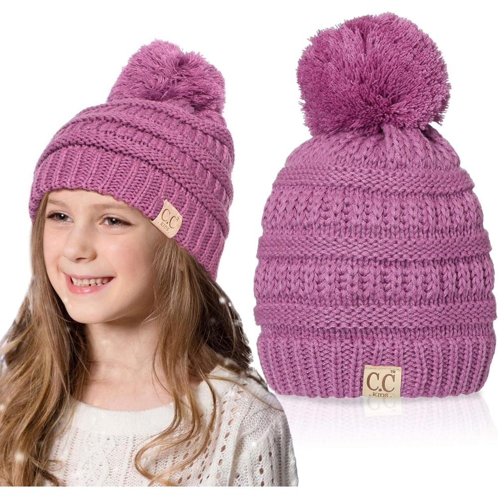 imageCC Kids Beanie Ages 25 Warm Chunky Stretchy Knit Slouch Beanie Skull Kids Hat with PomNew Lavender