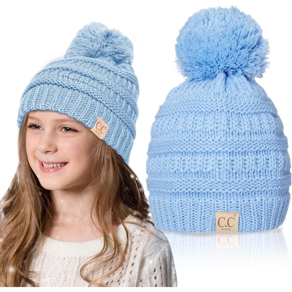 imageCC Kids Beanie Ages 25 Warm Chunky Stretchy Knit Slouch Beanie Skull Kids Hat with PomPale Blue