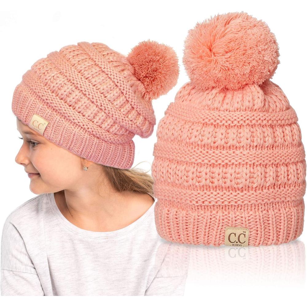 imageCC Kids Beanie Ages 25 Warm Chunky Stretchy Knit Slouch Beanie Skull Kids Hat with PomPeach