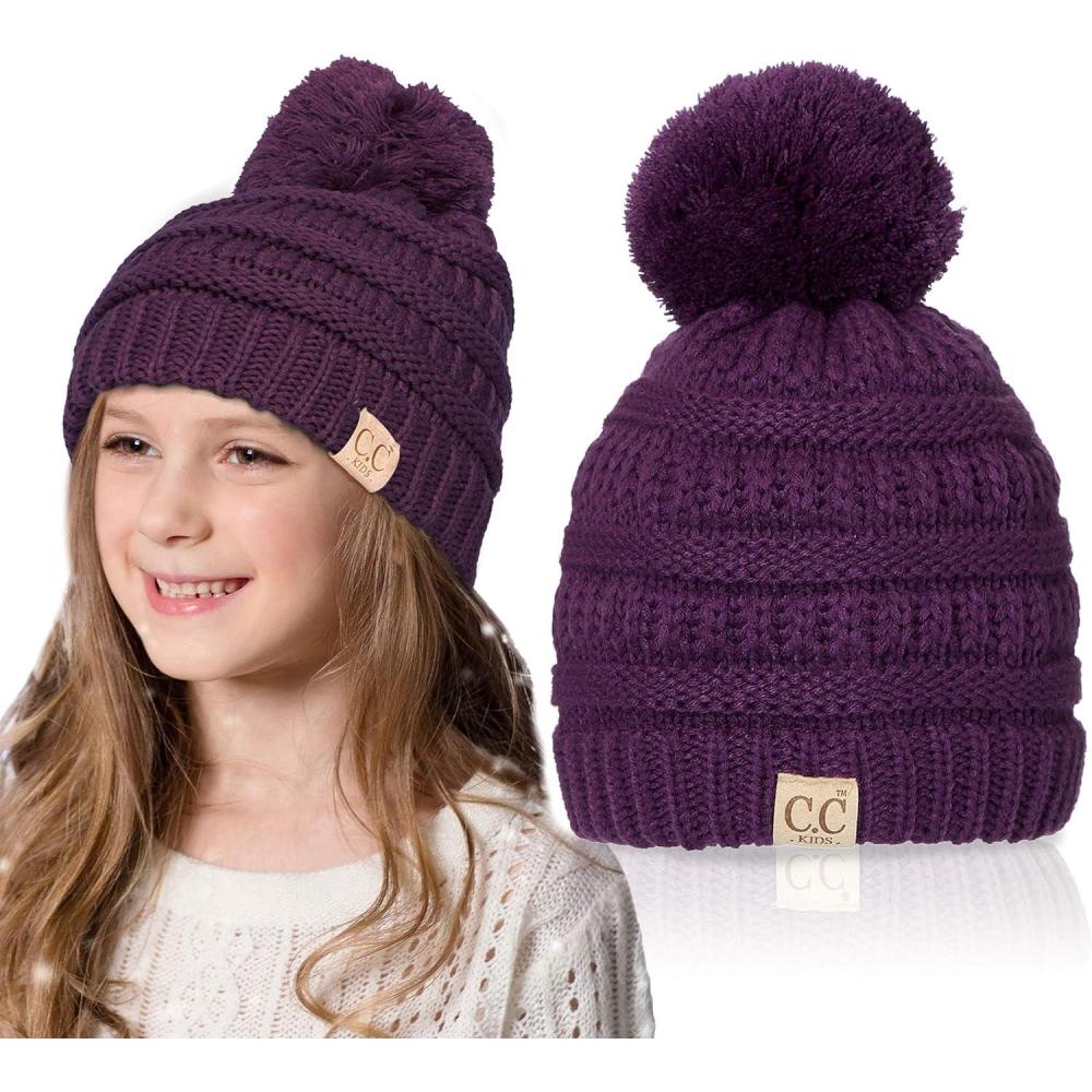 imageCC Kids Beanie Ages 25 Warm Chunky Stretchy Knit Slouch Beanie Skull Kids Hat with PomPurple