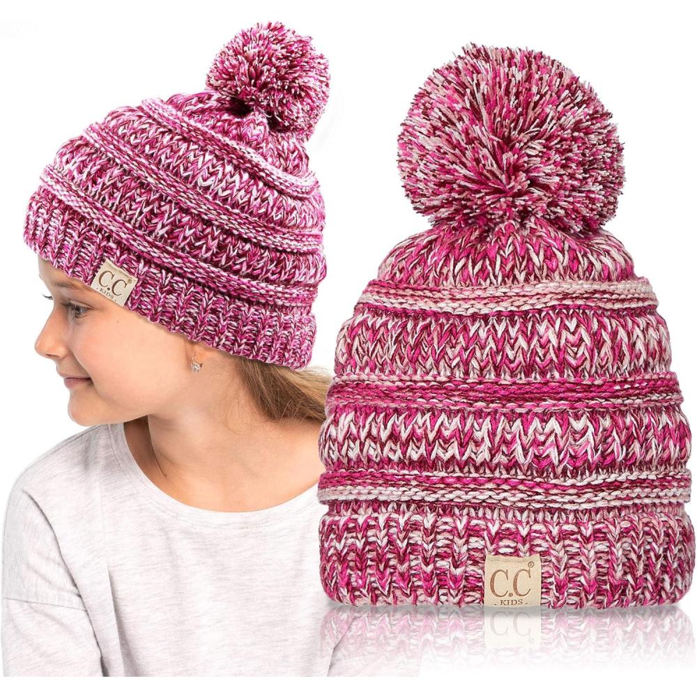 imageCC Kids Beanie Ages 25 Warm Chunky Stretchy Knit Slouch Beanie Skull Kids Hat with PomPurple Mix