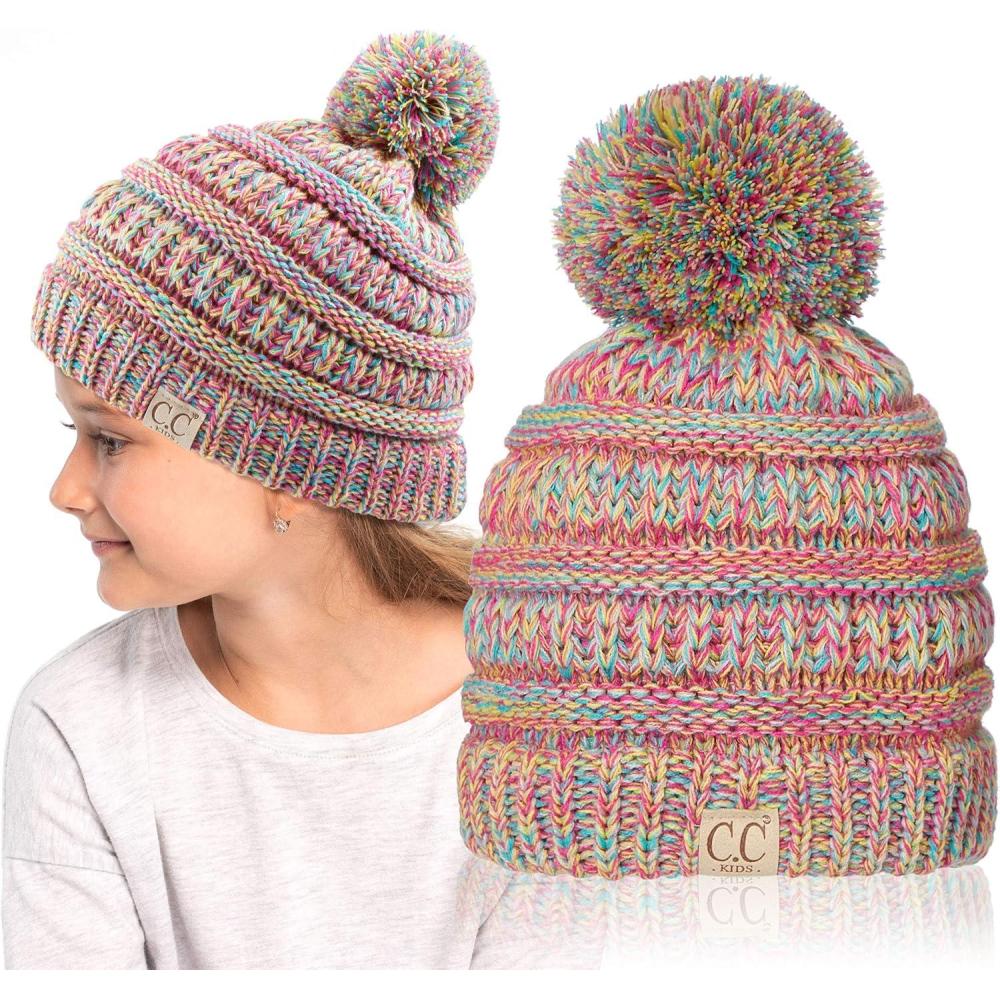 imageCC Kids Beanie Ages 25 Warm Chunky Stretchy Knit Slouch Beanie Skull Kids Hat with PomRainbow Mix