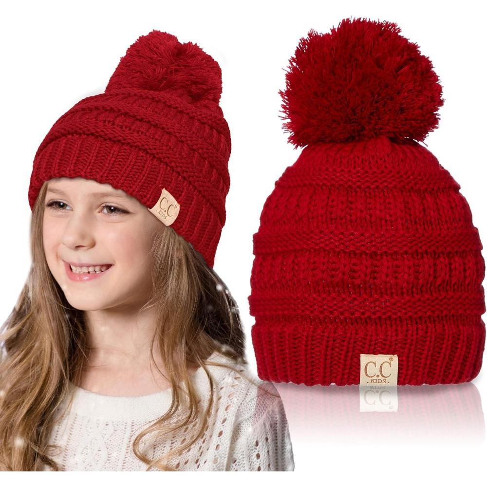 imageCC Kids Beanie Ages 25 Warm Chunky Stretchy Knit Slouch Beanie Skull Kids Hat with PomRed