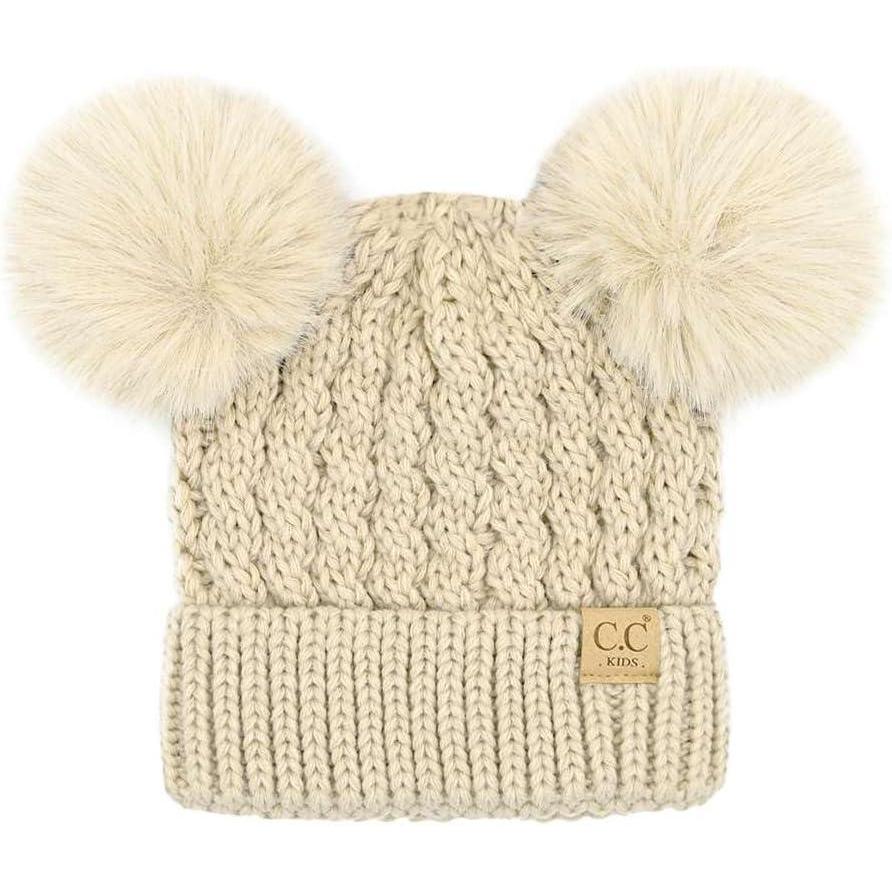 imageCC Kids Cable Knit Double Pom Beanie for Kids  Comfortable Soft Warm Children Youth Skully Hat with PomMatching Faux Fur Pom Beige